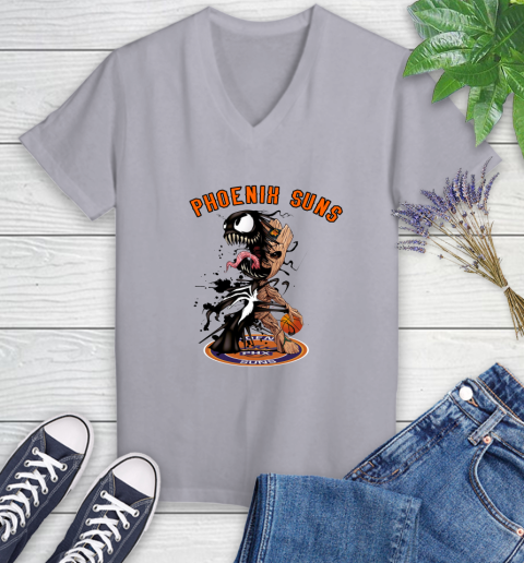 NBA Phoenix Suns Basketball Venom Groot Guardians Of The Galaxy Women's V-Neck T-Shirt 4
