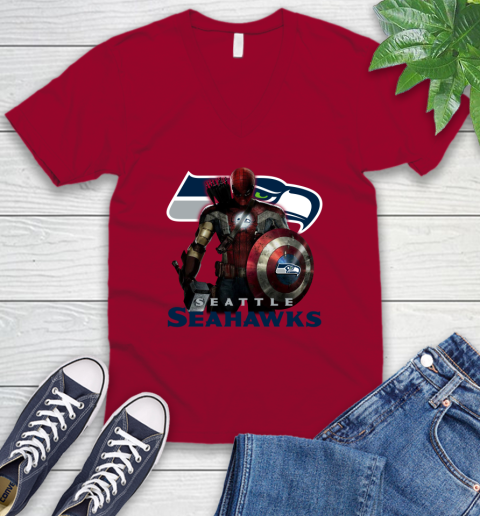 NFL Captain America Thor Spider Man Hawkeye Avengers Endgame Football Seattle Seahawks V-Neck T-Shirt 8