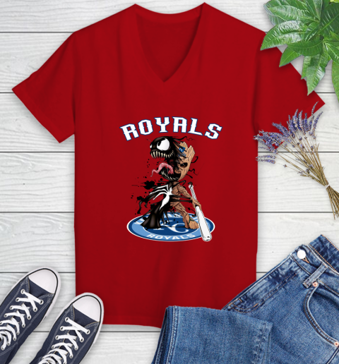 MLB Kansas City Royals Baseball Venom Groot Guardians Of The Galaxy Women's V-Neck T-Shirt 12