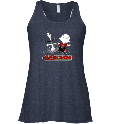 9ler snoopy and charlie brown happy san francisco 49ers fans flowy tank 32 front heather navy
