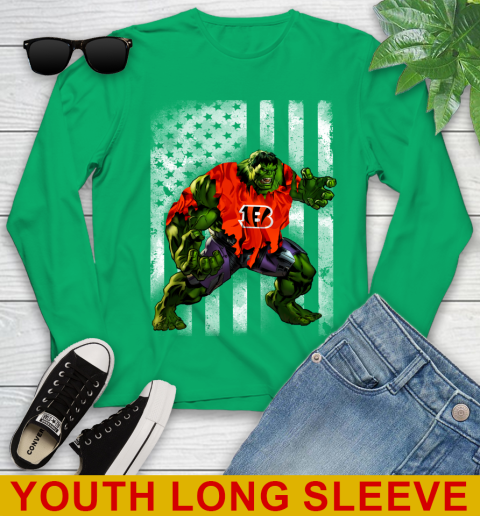 Cincinnati Bengals Hulk Marvel Avengers NFL Football American Flag Youth Long Sleeve 7
