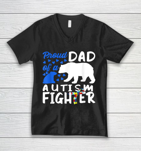 Proud Dad Of A Autism Fighter Awareness Puzzle Piece Ribbon V-Neck T-Shirt