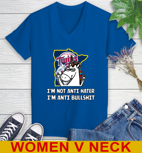 Minnesota Twins MLB Baseball Unicorn I'm Not Anti Hater I'm Anti Bullshit Women's V-Neck T-Shirt 11