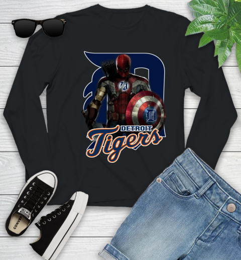 MLB Captain America Thor Spider Man Hawkeye Avengers Endgame Baseball Detroit Tigers Youth Long Sleeve 2