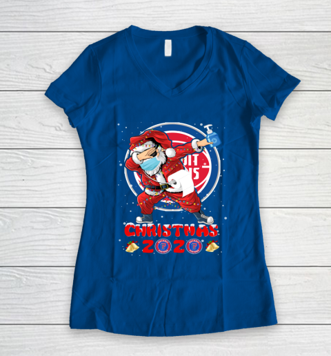 Detroit Pistons Funny Santa Claus Dabbing Christmas 2020 NBA Women's V-Neck T-Shirt 7