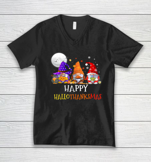 Happy Hallothanksmas Gnomes Halloween Christmas Thanksgiving V-Neck T-Shirt