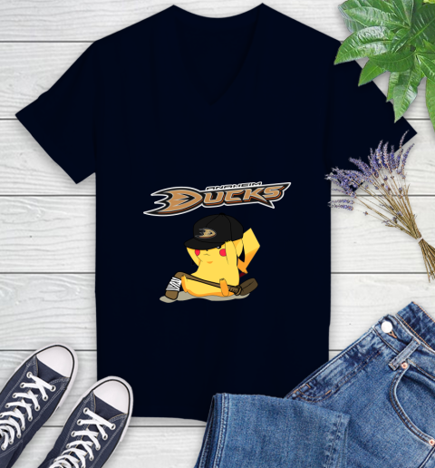 NHL Pikachu Hockey Sports Anaheim Ducks Women's V-Neck T-Shirt 3