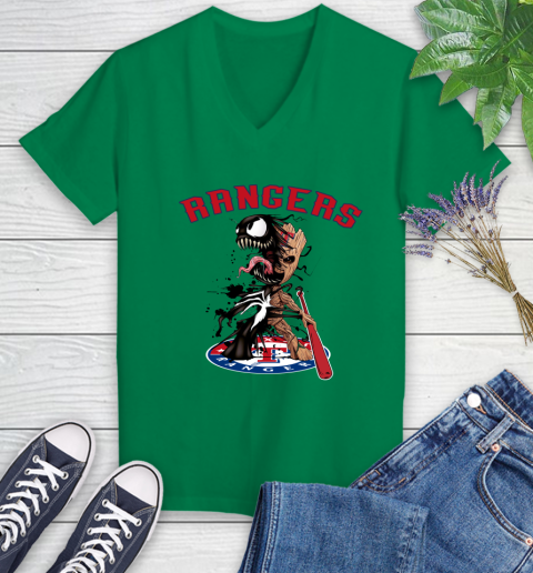 MLB Texas Rangers Baseball Venom Groot Guardians Of The Galaxy Women's V-Neck T-Shirt 5