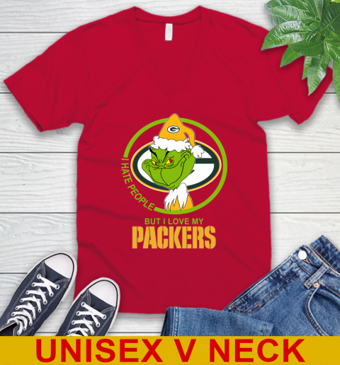 Green Bay Packers NFL Christmas Grinch I Hate People But I Love My Favorite Football Team V-Neck T-Shirt 7