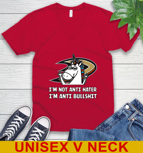 Anaheim Ducks NHL Hockey Unicorn I'm Not Anti Hater I'm Anti Bullshit V-Neck T-Shirt 7