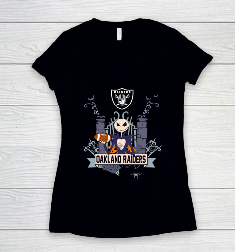 NFL Oakland Raiders Football Jack Skellington Halloween Women's V-Neck T-Shirt