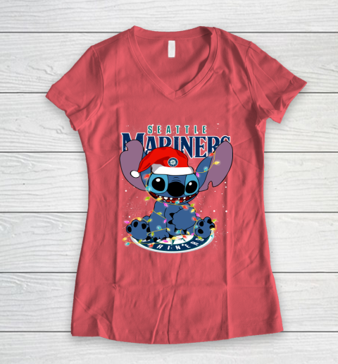 Seattle Mariners MLB noel stitch Baseball Christmas Women's V-Neck T-Shirt 3