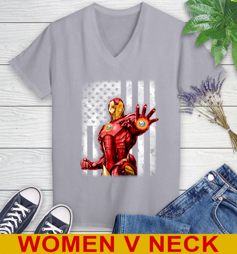 New York Islanders NHL Hockey Iron Man Avengers American Flag Shirt Women's V-Neck T-Shirt 4