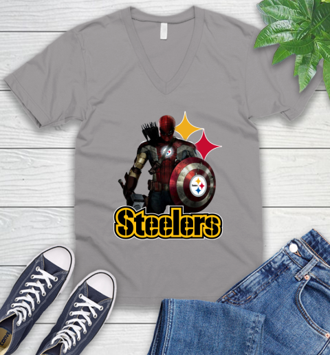 NFL Captain America Thor Spider Man Hawkeye Avengers Endgame Football Pittsburgh Steelers V-Neck T-Shirt 4