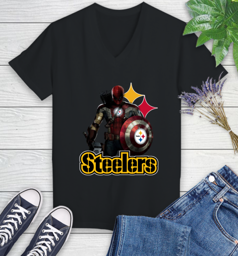 NFL Captain America Thor Spider Man Hawkeye Avengers Endgame Football Pittsburgh Steelers Women's V-Neck T-Shirt 2