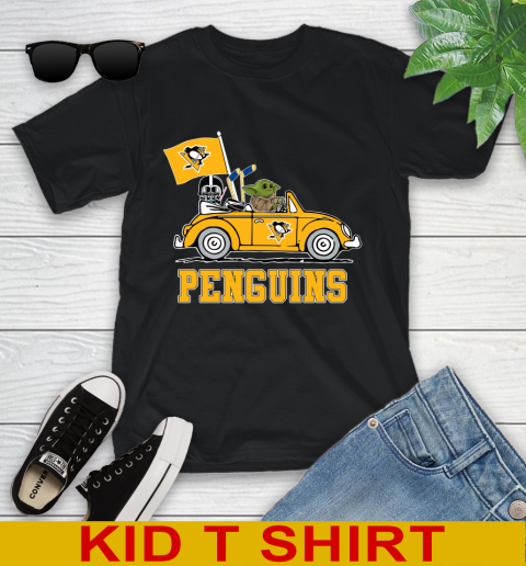 NHL Hockey Pittsburgh Penguins Darth Vader Baby Yoda Driving Star Wars Shirt Youth T-Shirt 2