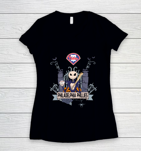 MLB Philadelphia Phillies Baseball Jack Skellington Halloween Women's V-Neck T-Shirt