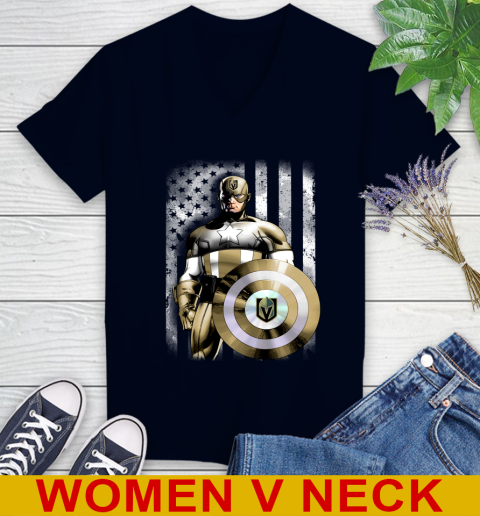Vegas Golden Knights NHL Hockey Captain America Marvel Avengers American Flag Shirt Women's V-Neck T-Shirt 2