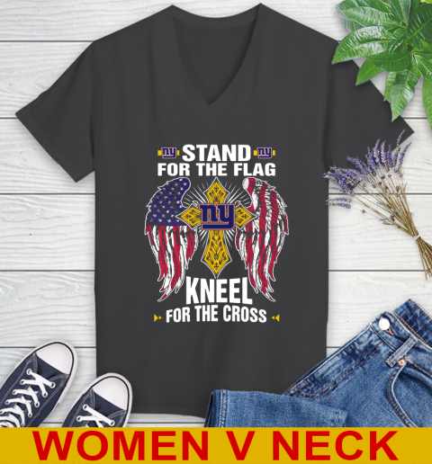 NFL Football New York Giants Stand For Flag Kneel For The Cross Shirt Women's V-Neck T-Shirt 8