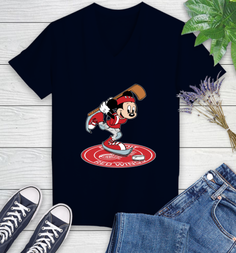NHL Hockey Detroit Red Wings Cheerful Mickey Disney Shirt Women's V-Neck T-Shirt 4 NHL Hockey Detroit Red Wings Cheerful Mickey Disney Shirt Women's V-Neck T-Shirt - Image 4