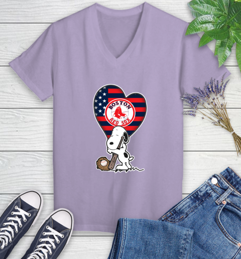 Boston Red Sox MLB Baseball The Peanuts Movie Adorable Snoopy Women's V-Neck T-Shirt 14