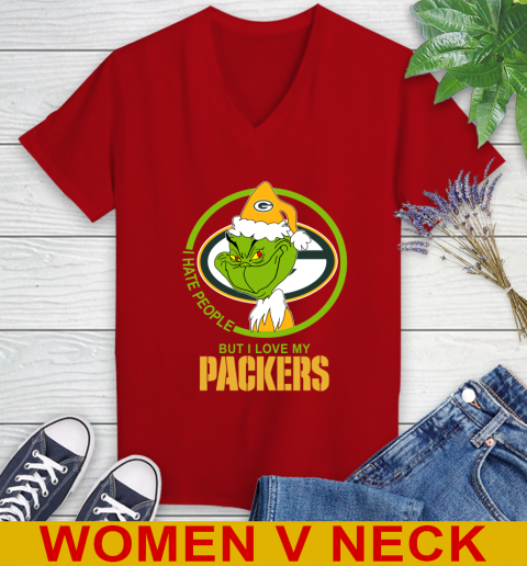 Green Bay Packers NFL Christmas Grinch I Hate People But I Love My Favorite Football Team Women's V-Neck T-Shirt 12