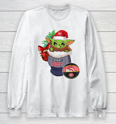 Atlanta Hawks Christmas Baby Yoda Star Wars Funny Happy NBA Long Sleeve T-Shirt 2