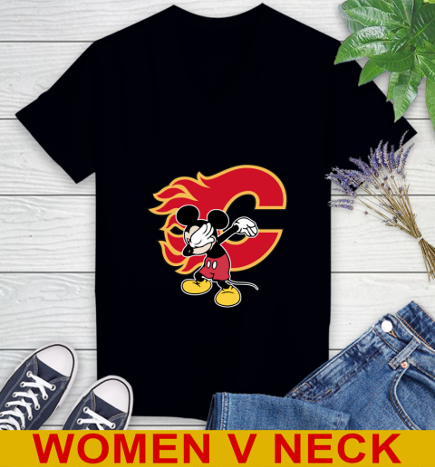 Calgary Flames NHL Hockey Dabbing Mickey Disney Sports Women's V-Neck T-Shirt 2