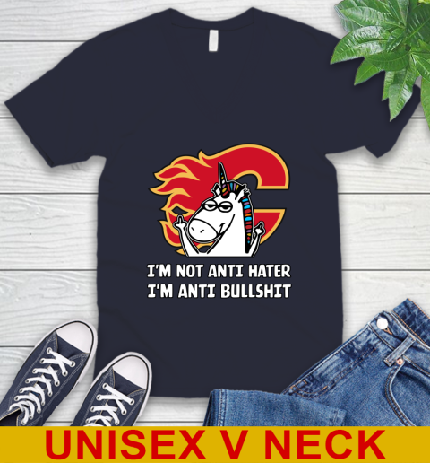 Calgary Flames NHL Hockey Unicorn I'm Not Anti Hater I'm Anti Bullshit V-Neck T-Shirt 3
