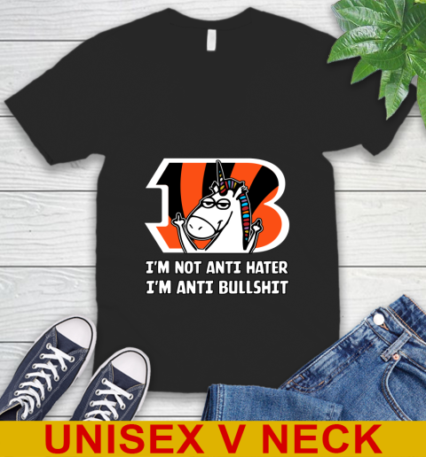 Cincinnati Bengals NFL Football Unicorn I'm Not Anti Hater I'm Anti Bullshit V-Neck T-Shirt 2