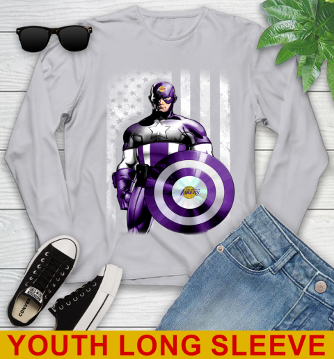Los Angeles Lakers NBA Basketball Captain America Marvel Avengers American Flag Shirt Youth Long Sleeve 5