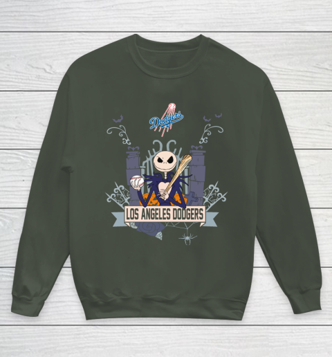 MLB Los Angeles Dodgers Baseball Jack Skellington Halloween Youth Sweatshirt 8