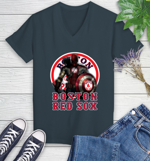 MLB Captain America Thor Spider Man Hawkeye Avengers Endgame Baseball Boston Red Sox Women's V-Neck T-Shirt 8