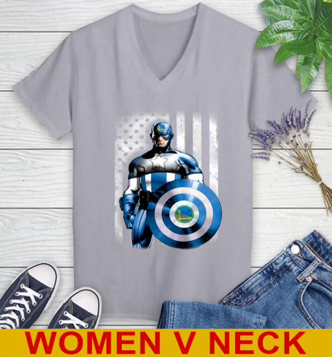 Golden State Warriors NBA Basketball Captain America Marvel Avengers American Flag Shirt Women's V-Neck T-Shirt 4