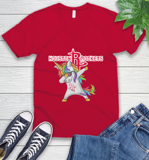 Houston Rockets NBA Basketball Funny Unicorn Dabbing Sports V-Neck T-Shirt 8