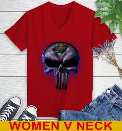 Minnesota Wild NHL Hockey Punisher Skull Sports Women's V-Neck T-Shirt - Image 11