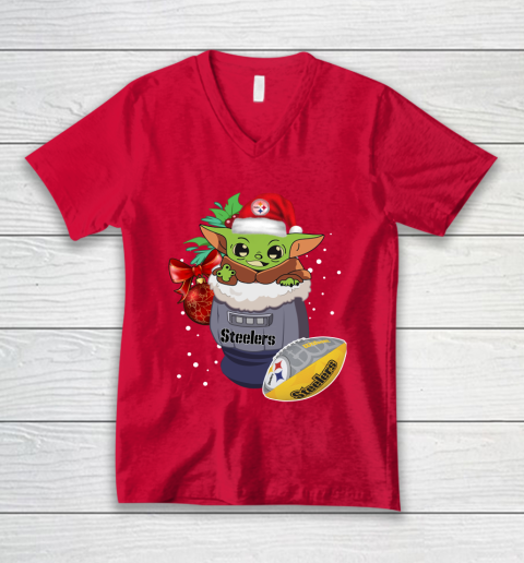 Pittsburgh Steelers Christmas Baby Yoda Star Wars Funny Happy NFL V-Neck T-Shirt 7
