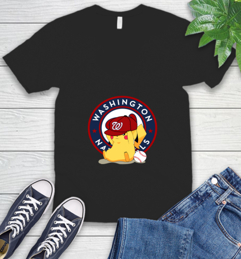 MLB Pikachu Baseball Sports Washington Nationals V-Neck T-Shirt 2