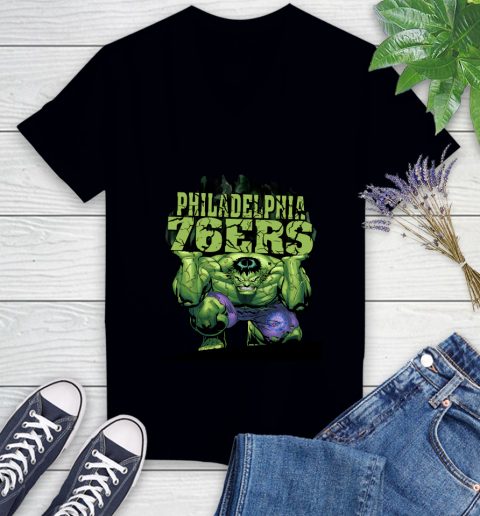 Philadelphia 76ers NBA Basketball Incredible Hulk Marvel Avengers Sports Women's V-Neck T-Shirt 2