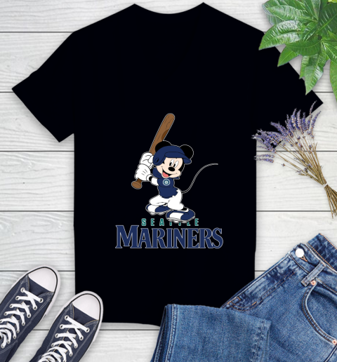 MLB Baseball Seattle Mariners Cheerful Mickey Mouse Shirt Women's V-Neck T-Shirt