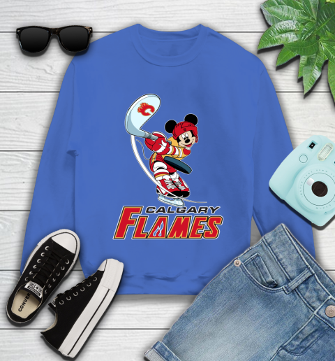 NHL Hockey Calgary Flames Cheerful Mickey Mouse Shirt Youth Sweatshirt 8 NHL Hockey Calgary Flames Cheerful Mickey Mouse Shirt Youth Sweatshirt - Image 8