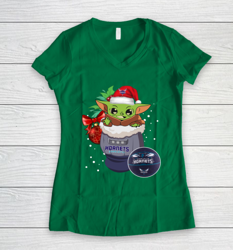Charlotte Hornets Christmas Baby Yoda Star Wars Funny Happy NBA Women's V-Neck T-Shirt 5