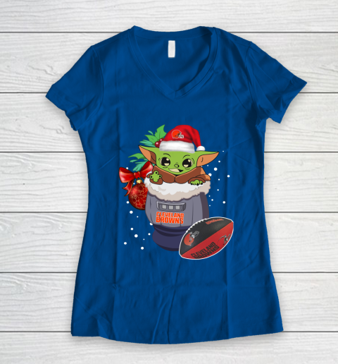 Cleveland Browns Christmas Baby Yoda Star Wars Funny Happy NFL Women's V-Neck T-Shirt 9