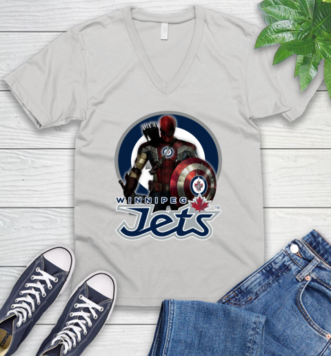NHL Captain America Thor Spider Man Hawkeye Avengers Endgame Hockey Winnipeg Jets V-Neck T-Shirt