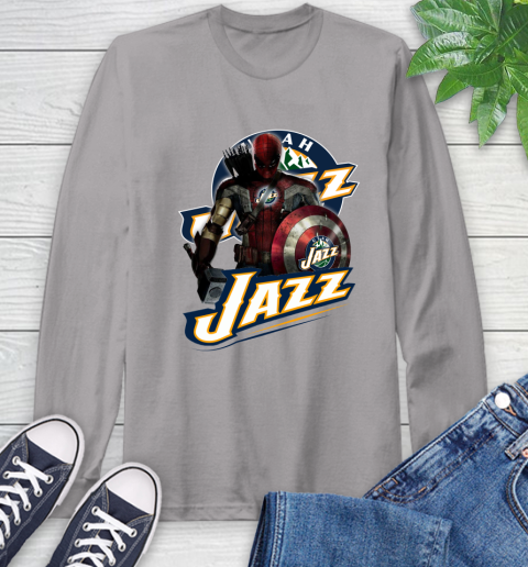 Utah Jazz NBA Basketball Captain America Thor Spider Man Hawkeye Avengers Long Sleeve T-Shirt 6