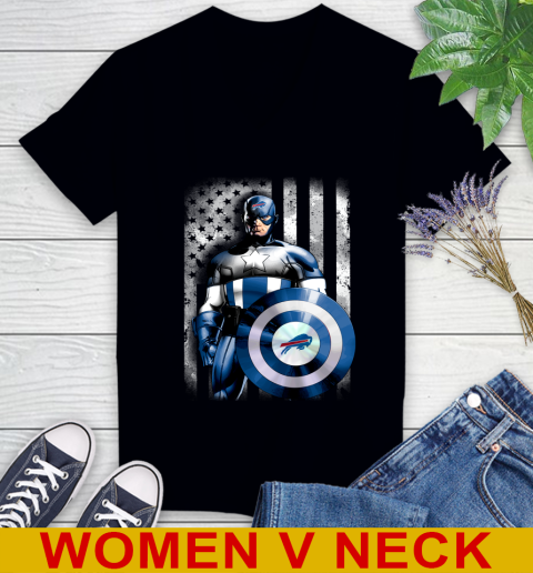 Buffalo Bills NFL Football Captain America Marvel Avengers American Flag Shirt Women's V-Neck T-Shirt