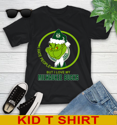 Milwaukee Bucks NBA Christmas Grinch I Hate People But I Love My Favorite Basketball Team Youth T-Shirt 2