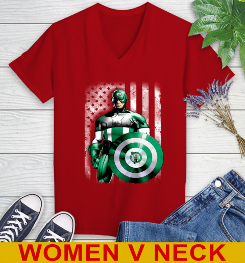 Boston Celtics NBA Basketball Captain America Marvel Avengers American Flag Shirt Women's V-Neck T-Shirt 10