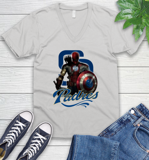 MLB Captain America Thor Spider Man Hawkeye Avengers Endgame Baseball San Diego Padres V-Neck T-Shirt