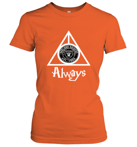 Always Love The Oakland Raiders x Harry Potter Mashup NFL u49o always love the oakland raiders x harry potter mas ladies t shirt 20 front orange